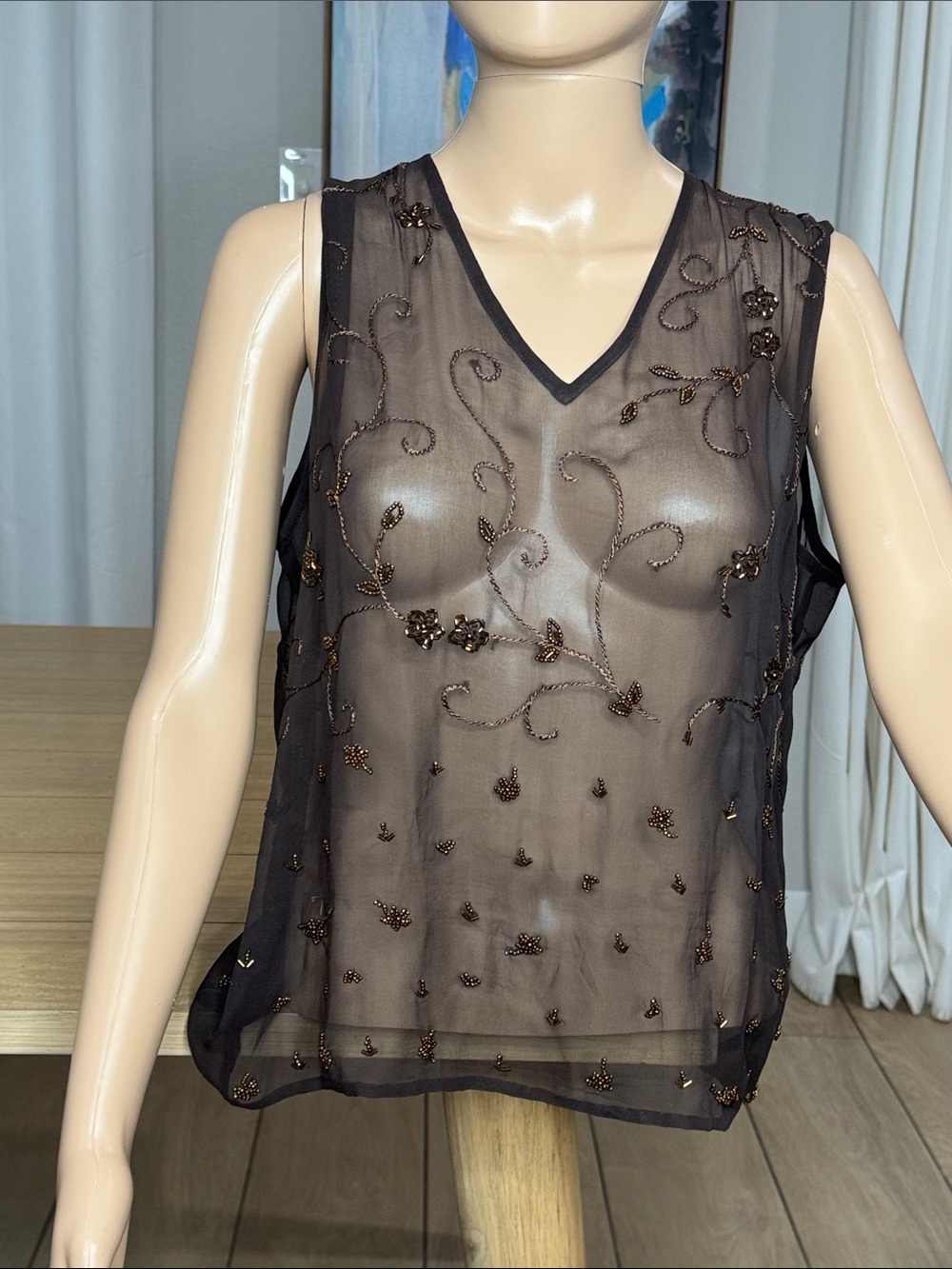 Vintage Gianfranco Ferré Studio 100% Silk Sheer Beaded Embroidered Top